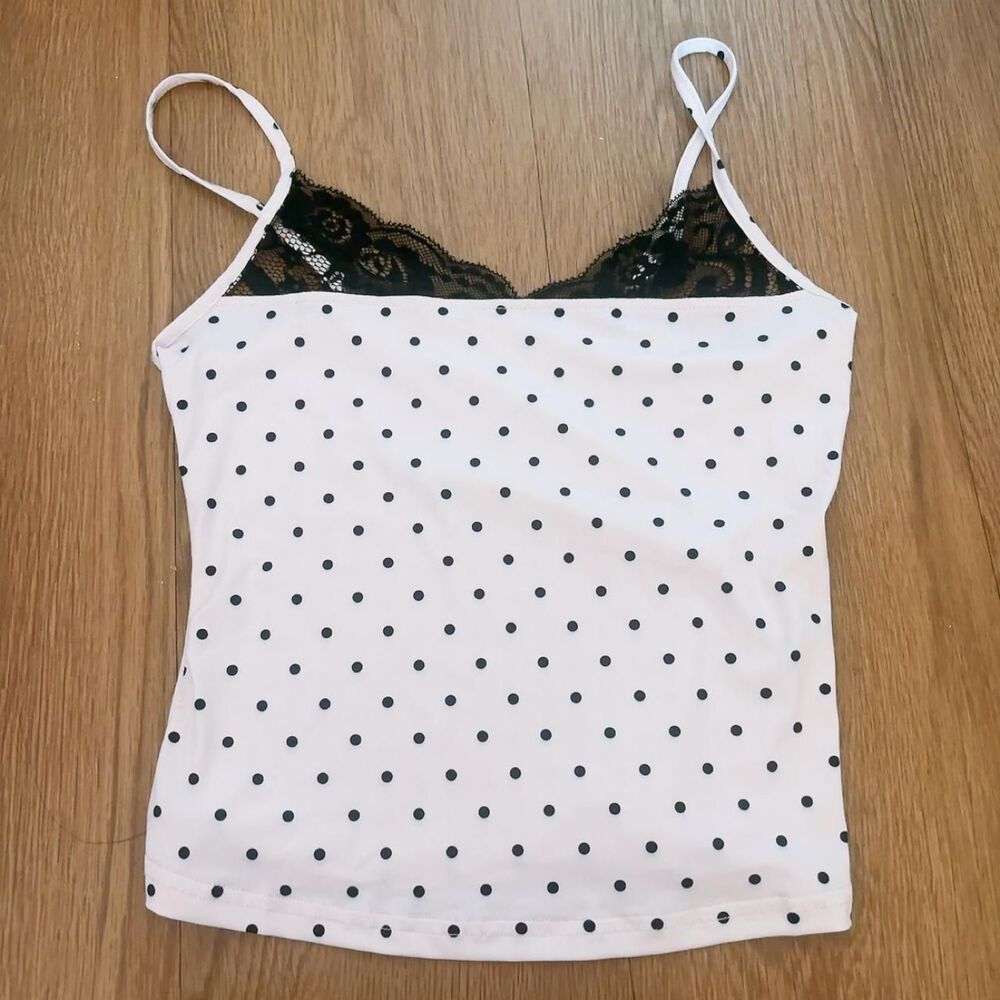 Black polka dot cami top with lace trim